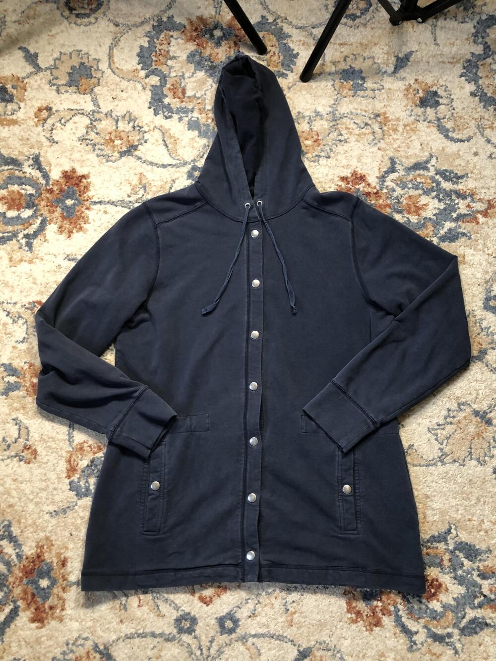 LL Bean Jacket Womens Medium Navy Blue Snap Front Hooded Long Cotton Blend Coat